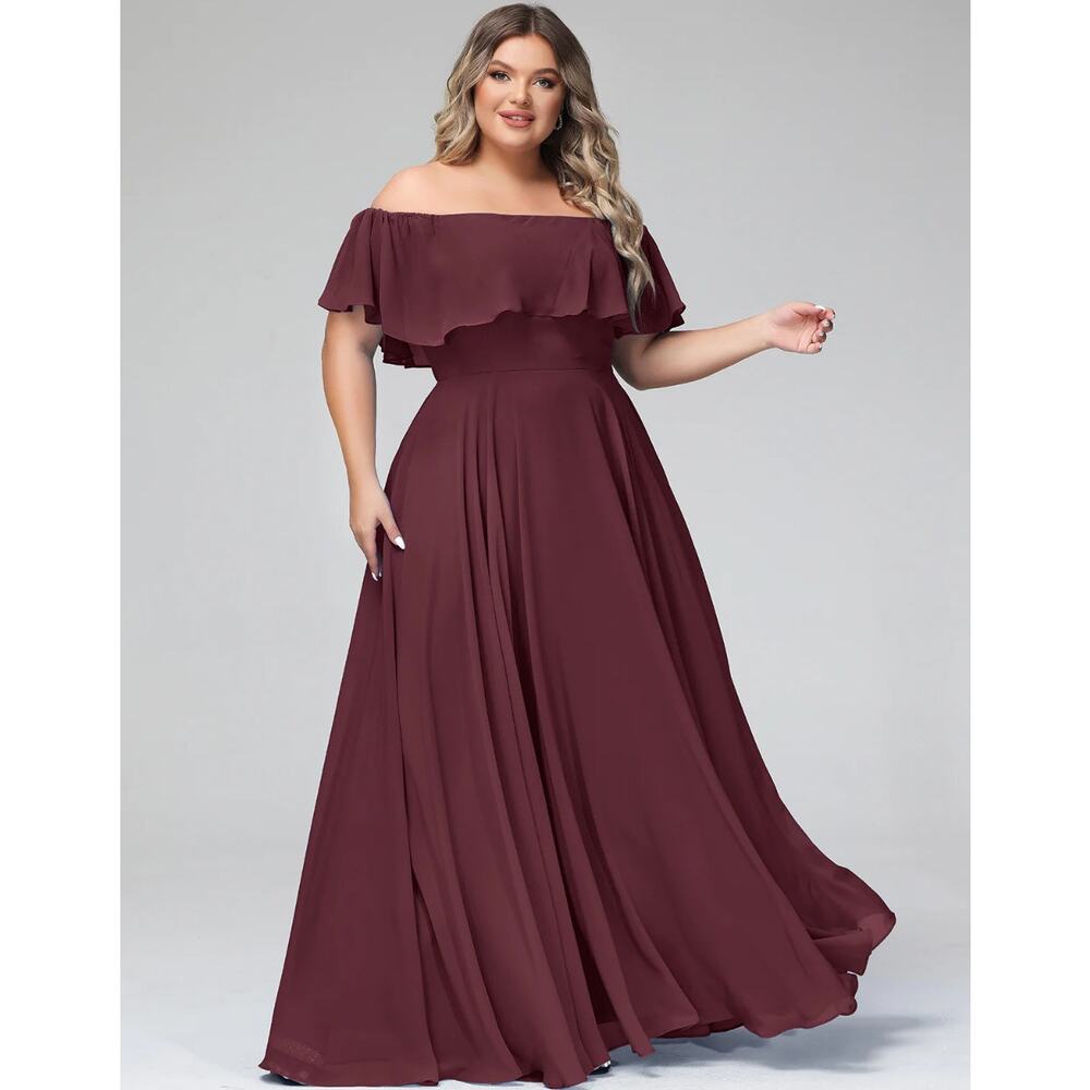 NWT Babaroni Off The Shoulder Chiffon Full Length Hazel Dress in Cabernet